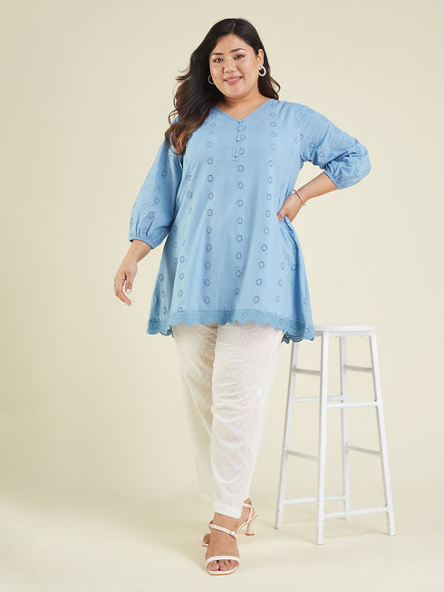 Janasya Women's Plus Size Light Blue Pure Cotton Schiffli Embroidered A-line Tunic